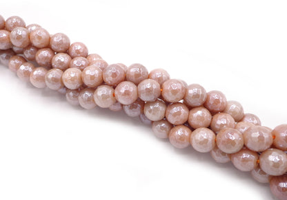 NATURAL Peach Moonstone Gemstone Beads Faceted 6mm 8mm 10mm 12mm Round Beads Silverite AB Coated, Full Strand 15.5"