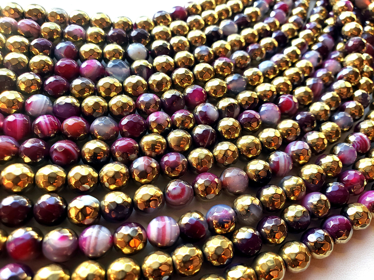 Natural Gemstone Golden Coated Pink Agate beads 8,10,12mm beads, Full length 15.5 inches, Faceted Round Shape, Great for JEWELRY making!