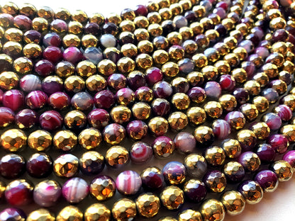 Natural Gemstone Golden Coated Pink Agate beads 8,10,12mm beads, Full length 15.5 inches, Faceted Round Shape, Great for JEWELRY making!