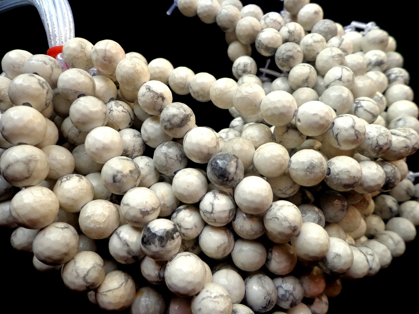 LARGE-HOLE beads!!! 8,10,12mm Faceted-finished round. 2mm hole. 8" strands. Natural White Howlite Big Hole Beads