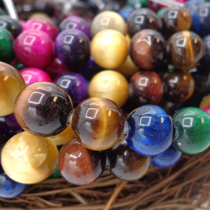 LARGE HOLE! NATURAL Tiger Eye Gemstone Beads 6mm 8mm 10mm 12mm Multicolor Tiger Eye Bead, 7.5" Strand