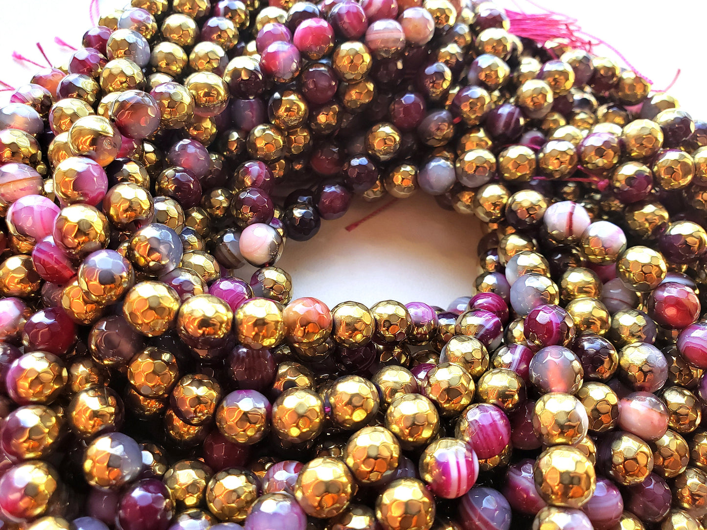 Natural Gemstone Golden Coated Pink Agate beads 8,10,12mm beads, Full length 15.5 inches, Faceted Round Shape, Great for JEWELRY making!