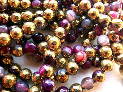 Natural Gemstone Golden Coated Pink Agate beads 8,10,12mm beads, Full length 15.5 inches, Faceted Round Shape, Great for JEWELRY making!