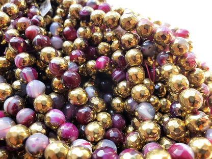 Natural Gemstone Golden Coated Pink Agate beads 8,10,12mm beads, Full length 15.5 inches, Faceted Round Shape, Great for JEWELRY making!