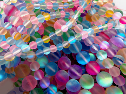 Mermaid Glass Beads 6mm 8mm 10mm 12mm Round Beads, Beautiful Rainbow Matte Mermaid Glass Beads, Full Strand 15.5"