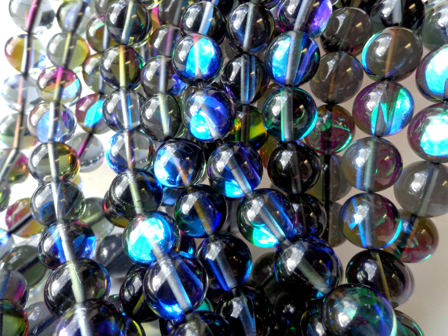 Mermaid Glass Beads 6mm 8mm 10mm 12mm Round Beads, Beautiful Rainbow Gloss Black Mermaid Glass Beads, Full Strand 15.5"