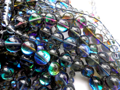 Mermaid Glass Beads 6mm 8mm 10mm 12mm Round Beads, Beautiful Rainbow Gloss Black Mermaid Glass Beads, Full Strand 15.5"