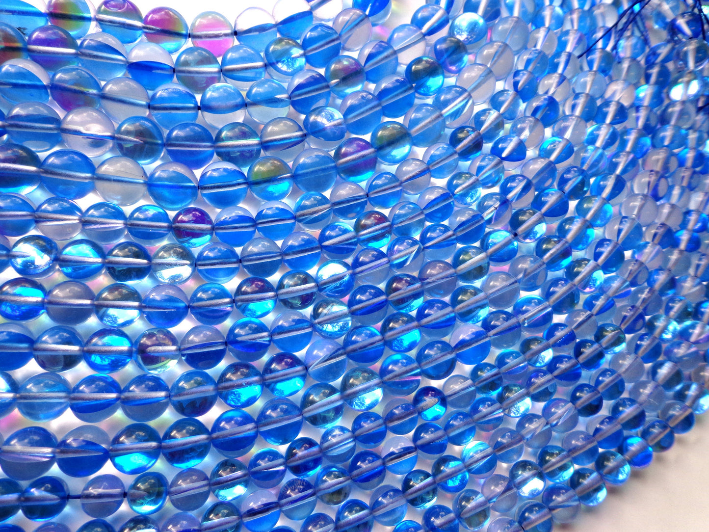 Mermaid Glass Beads 6mm 8mm 10mm 12mm Round Beads, Beautiful Rainbow Glossy Blue Mermaid Glass Beads, Full Strand 15.5"