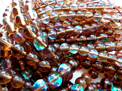 Mermaid Glass Beads, 6mm 8mm 10mm 12mm Round Beads, Beautiful Rainbow Glossy Brown Beads, Great Quality Beads, Full Strand 15.5 inch