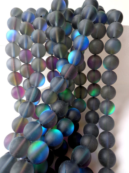 Mermaid Glass Beads 6mm 8mm 10mm 12mm Round Beads, Beautiful Matte Rainbow Black Mermaid Glass Beads, Full Strand 15.5"