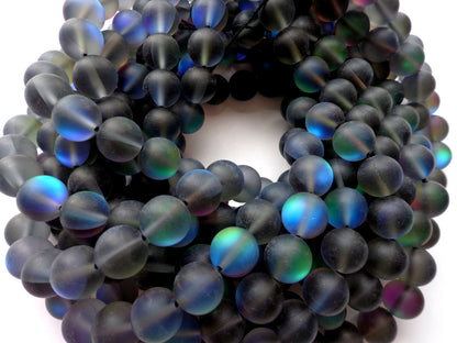 Mermaid Glass Beads 6mm 8mm 10mm 12mm Round Beads, Beautiful Matte Rainbow Black Mermaid Glass Beads, Full Strand 15.5"