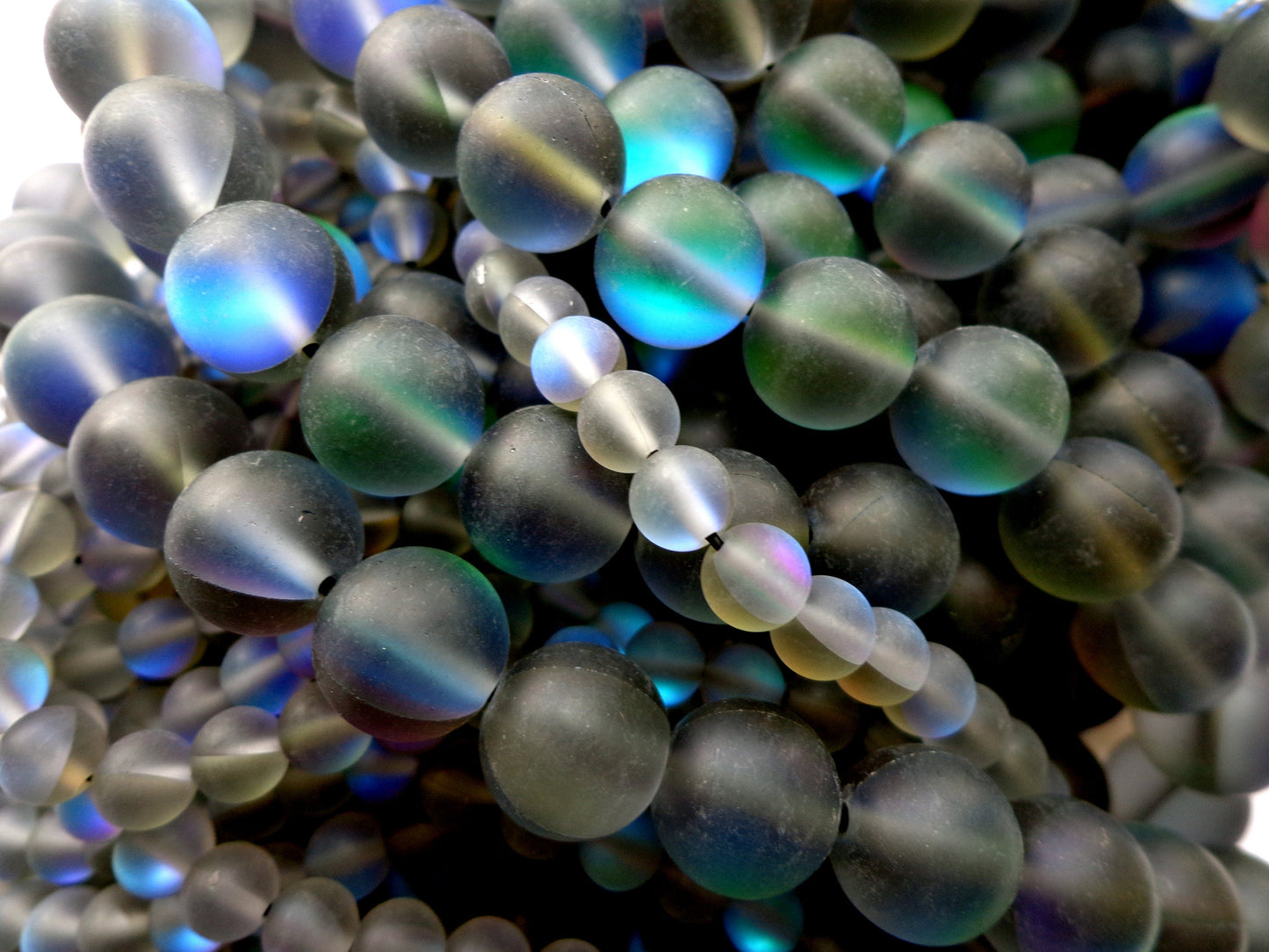 Mermaid Glass Beads 6mm 8mm 10mm 12mm Round Beads, Beautiful Matte Rainbow Black Mermaid Glass Beads, Full Strand 15.5"