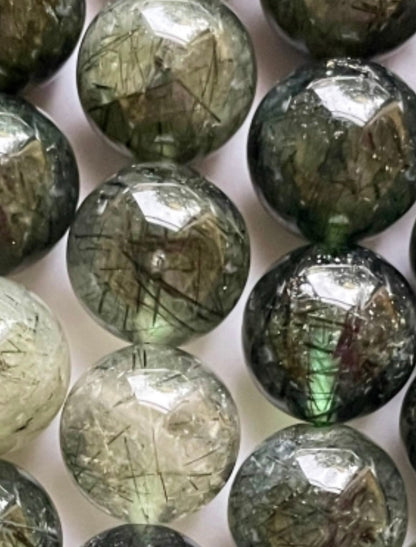 Natural Green Rutilated Quartz Gemstone Bead 4mm 6mm 8mm 10mm 12mm Round Beads, Gorgeous Green Color w/ Black Hairs Quartz Bead