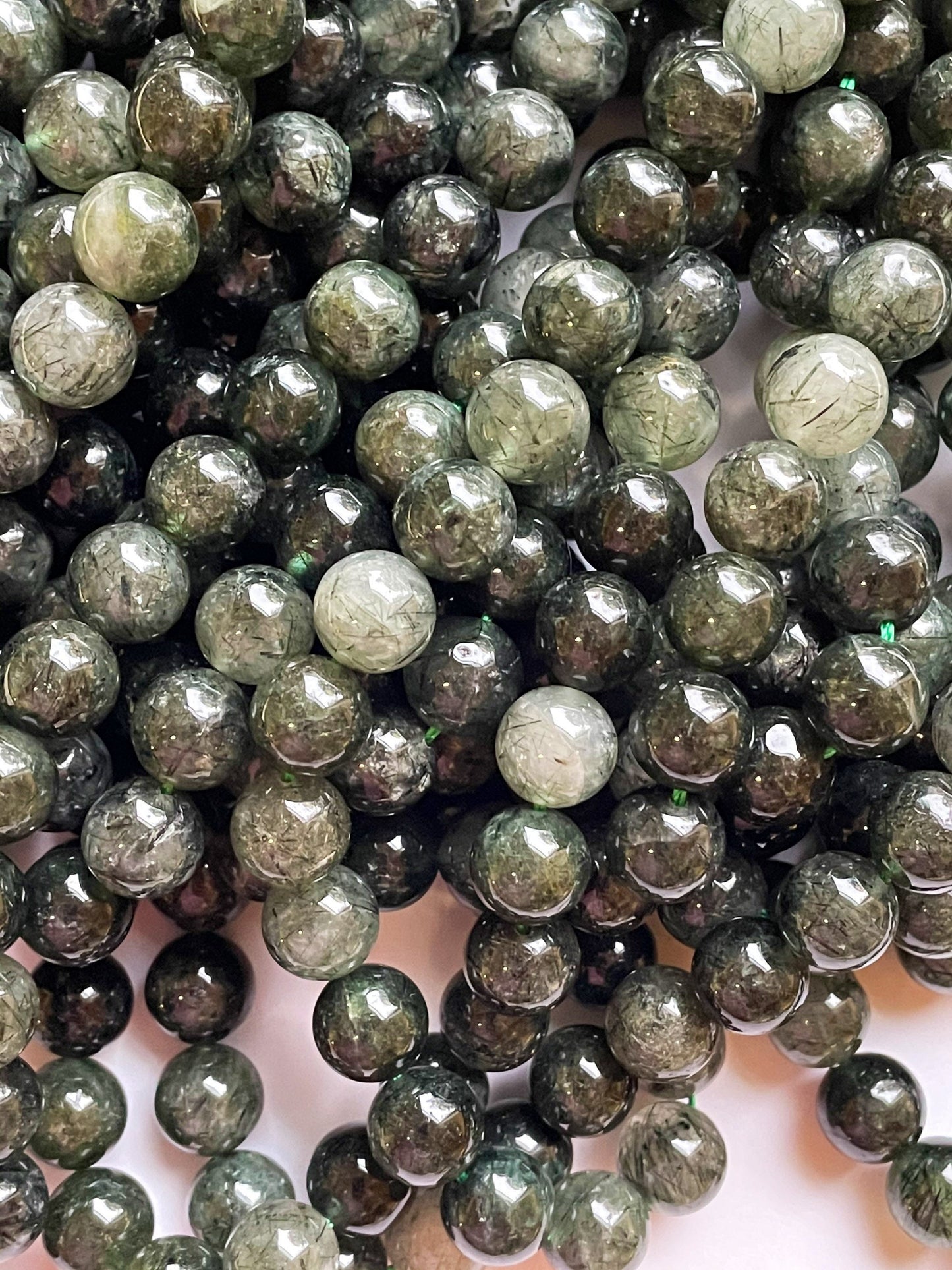 Natural Green Rutilated Quartz Gemstone Bead 4mm 6mm 8mm 10mm 12mm Round Beads, Gorgeous Green Color w/ Black Hairs Quartz Bead