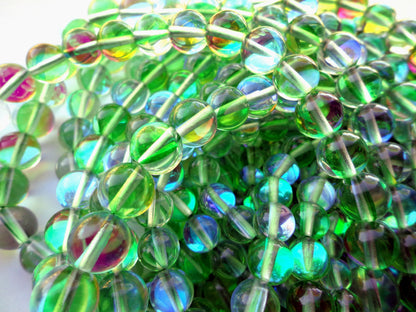 Mermaid Glass Beads 6mm 8mm 10mm 12mm Round Beads, Beautiful Rainbow Green Mermaid Glass Beads, Full Strand 15.5"