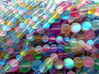 Mermaid Glass Beads 6mm 8mm 10mm 12mm Round Beads, Beautiful Rainbow Matte Mermaid Glass Beads, Full Strand 15.5"