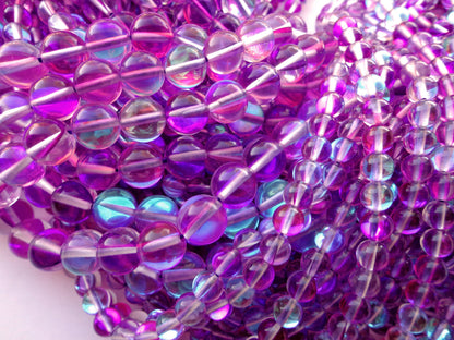 Mermaid Glass Beads 6mm 8mm 10mm Round Beads, Beautiful Rainbow Purple Beads, Great Quality Beads, Full Strand 15.5"