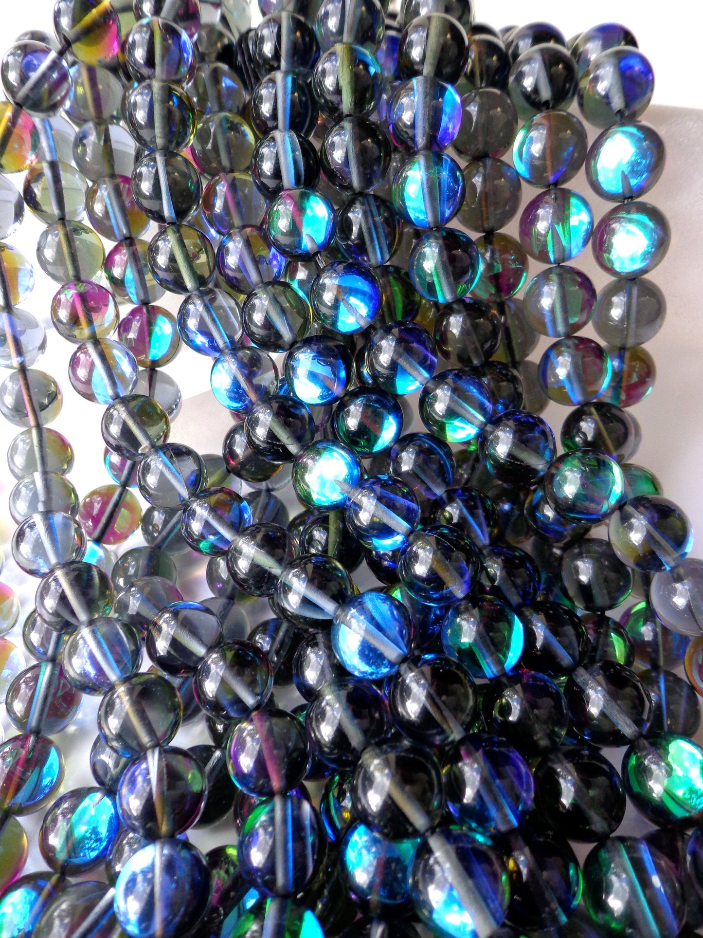 Mermaid Glass Beads 6mm 8mm 10mm 12mm Round Beads, Beautiful Rainbow Gloss Black Mermaid Glass Beads, Full Strand 15.5"