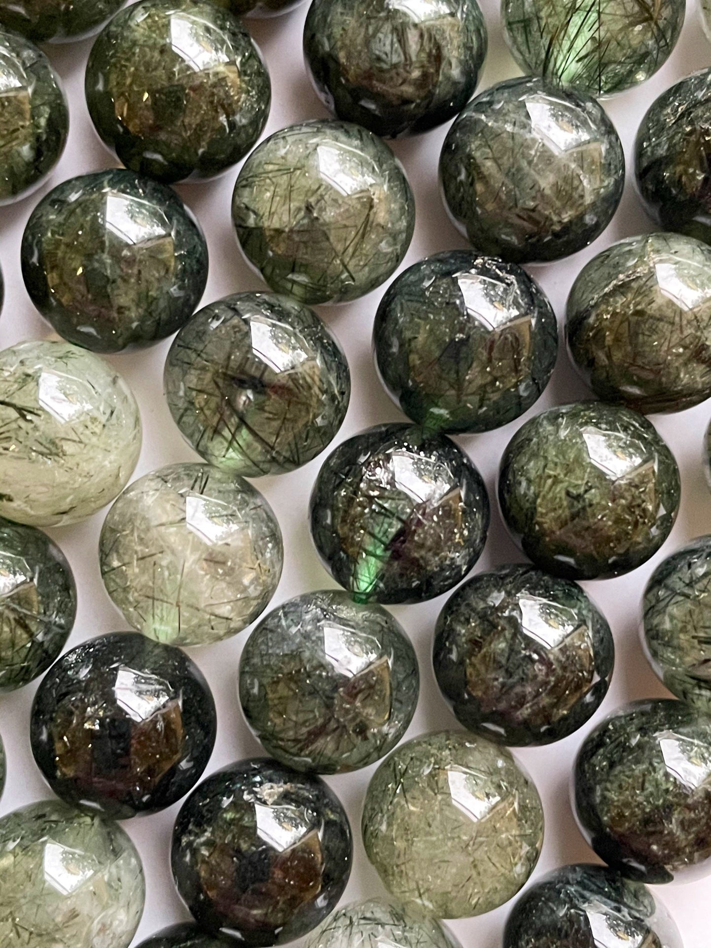 Natural Green Rutilated Quartz Gemstone Bead 4mm 6mm 8mm 10mm 12mm Round Beads, Gorgeous Green Color w/ Black Hairs Quartz Bead