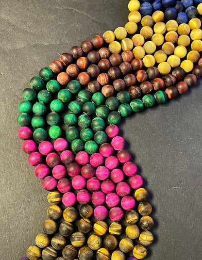 Natural Matt tiger eye stone bead. 4mm 6mm 8mm 10mm 12mm round bead. Pink blue green yellow purple multi color tiger eye gemstone. 15.5”