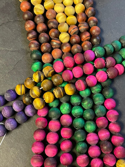 Natural Matt tiger eye stone bead. 4mm 6mm 8mm 10mm 12mm round bead. Pink blue green yellow purple multi color tiger eye gemstone. 15.5”