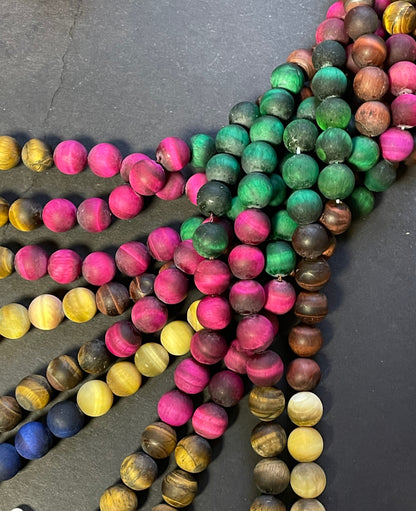 Natural Matt tiger eye stone bead. 4mm 6mm 8mm 10mm 12mm round bead. Pink blue green yellow purple multi color tiger eye gemstone. 15.5”