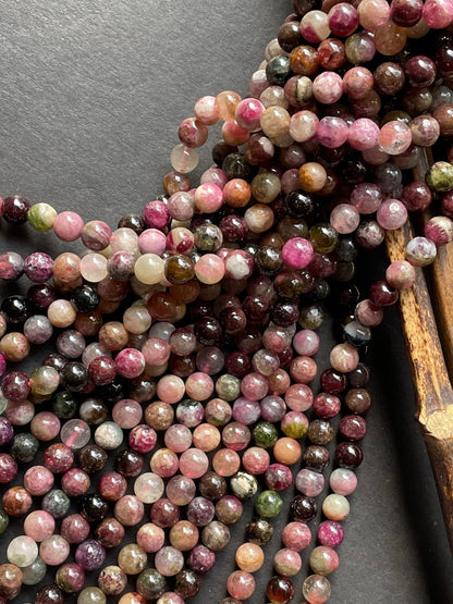 Natural Tourmaline Gemstone Bead 6mm Round Bead, Beautiful Multicolor Tourmaline Gemstone Bead, Full Strand 15.5"