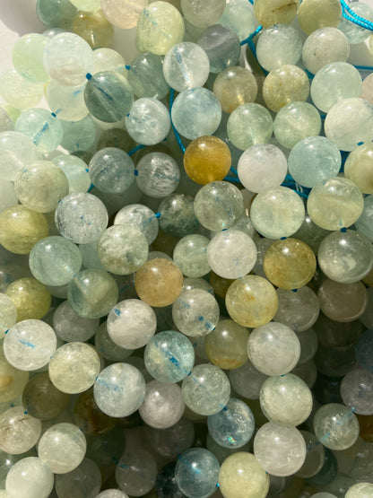 Natural Aquamarine Gemstone Bead 6mm 8mm 10mm Round Bead, Beautiful Multi Blue Light Green Color Aquamarine Gemstone Beads, 15.5" Strand