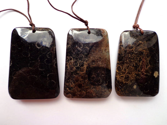 AAA Natural Black Fossil Coral Gemstone Pendant, 55x38mm Rectangle Shape Gemstone Pendants