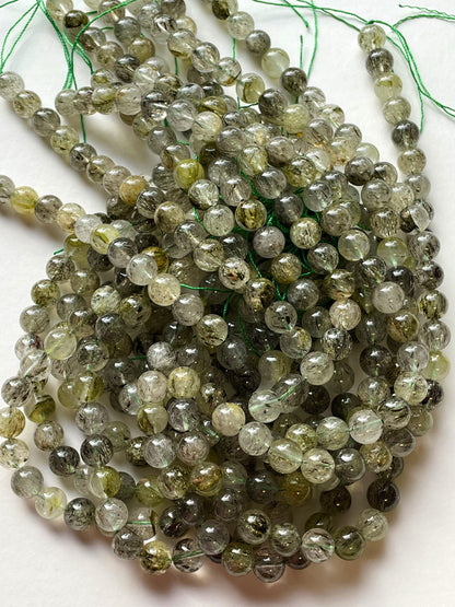 AAA Natural Green Tourmaline Rutilated Quartz Gemstone Bead 6mm 8mm 10mm Round Bead, Gorgeous Green with Black Rutilated Hairs Tourmaline Quartz Bead Excellent Quality