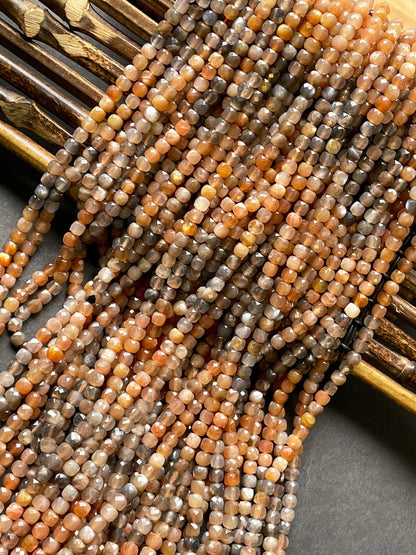 AAA Natural peach moonstone bead. Faceted 4mm square shape bead. Beautiful natural peach color with gray color moonstone bead. 15.5” strand