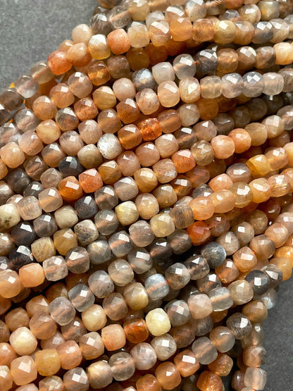 AAA Natural peach moonstone bead. Faceted 4mm square shape bead. Beautiful natural peach color with gray color moonstone bead. 15.5” strand