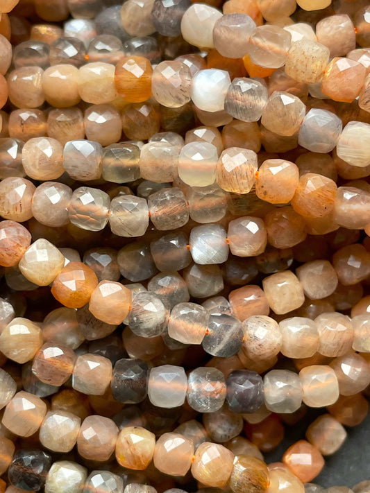 AAA Natural peach moonstone bead. Faceted 4mm square shape bead. Beautiful natural peach color with gray color moonstone bead. 15.5” strand