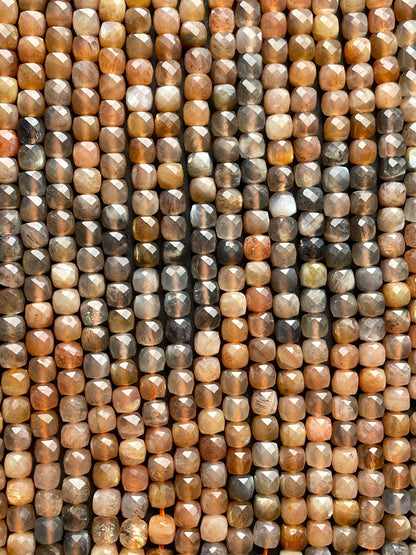 AAA Natural peach moonstone bead. Faceted 4mm square shape bead. Beautiful natural peach color with gray color moonstone bead. 15.5” strand