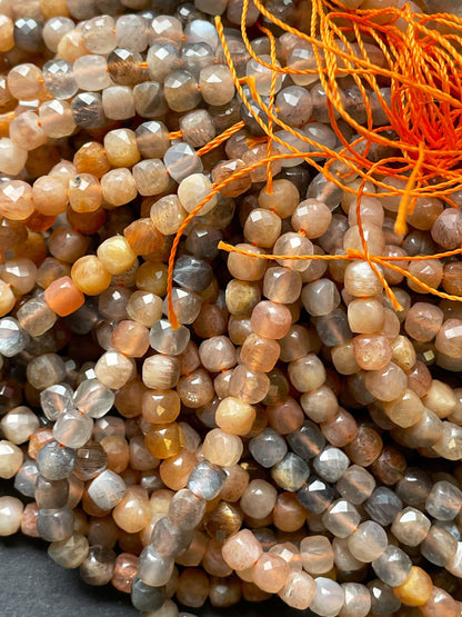 AAA Natural peach moonstone bead. Faceted 4mm square shape bead. Beautiful natural peach color with gray color moonstone bead. 15.5” strand