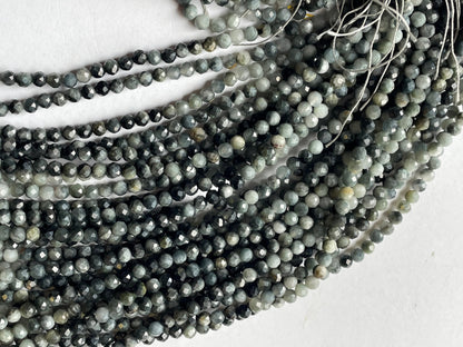 Natural Eagle Eye Gemstone Bead Faceted 4mm Round Bead, Natural Gray Black Eagle Eye Gemstone Bead, 15.5" strand