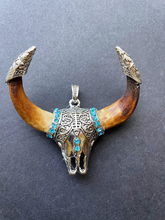 Beautiful Wolf Teeth Pendant, Handmade Long Horn Shape, Gorgeous Brown Color with Silver Plated Teeth Shape Pendant