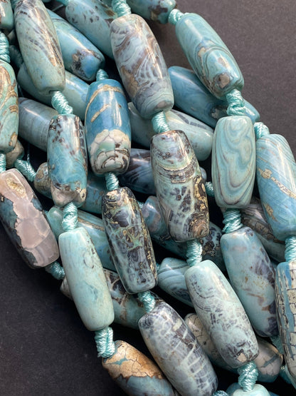 Beautiful Natural Dragon Skin Agate Gemstone Bead 13x40mm Barrel Shape, Beautiful Blue Color Gemstone Beads