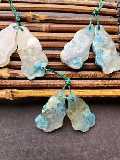 Beautiful Natural Blossom Flower Agate Gemstone Earrings 22x42mm Freeform Shape, Gorgeous Aqua Blue Color Earrings