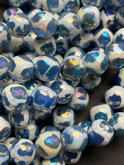 Mystic Hand Painted Tibetan Gemstone Bead Faceted 8mm 10mm 12mm Round Bead, Gorgeous Blue White Color Hand Painted Tibetan Beads