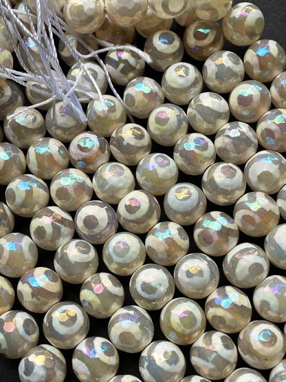 Mystic Natural Hand Painted Tibetan Gemstone Bead Faceted 6mm 8mm 10mm 12mm Round Bead, Gorgeous White Color Mystic Tibetan Gemstone Bead