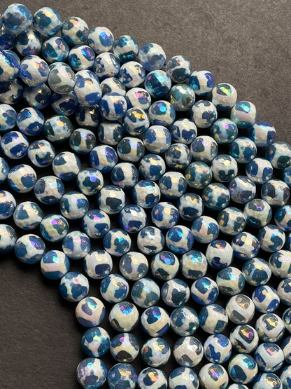 Mystic Hand Painted Tibetan Gemstone Bead Faceted 8mm 10mm 12mm Round Bead, Gorgeous Blue White Color Hand Painted Tibetan Beads