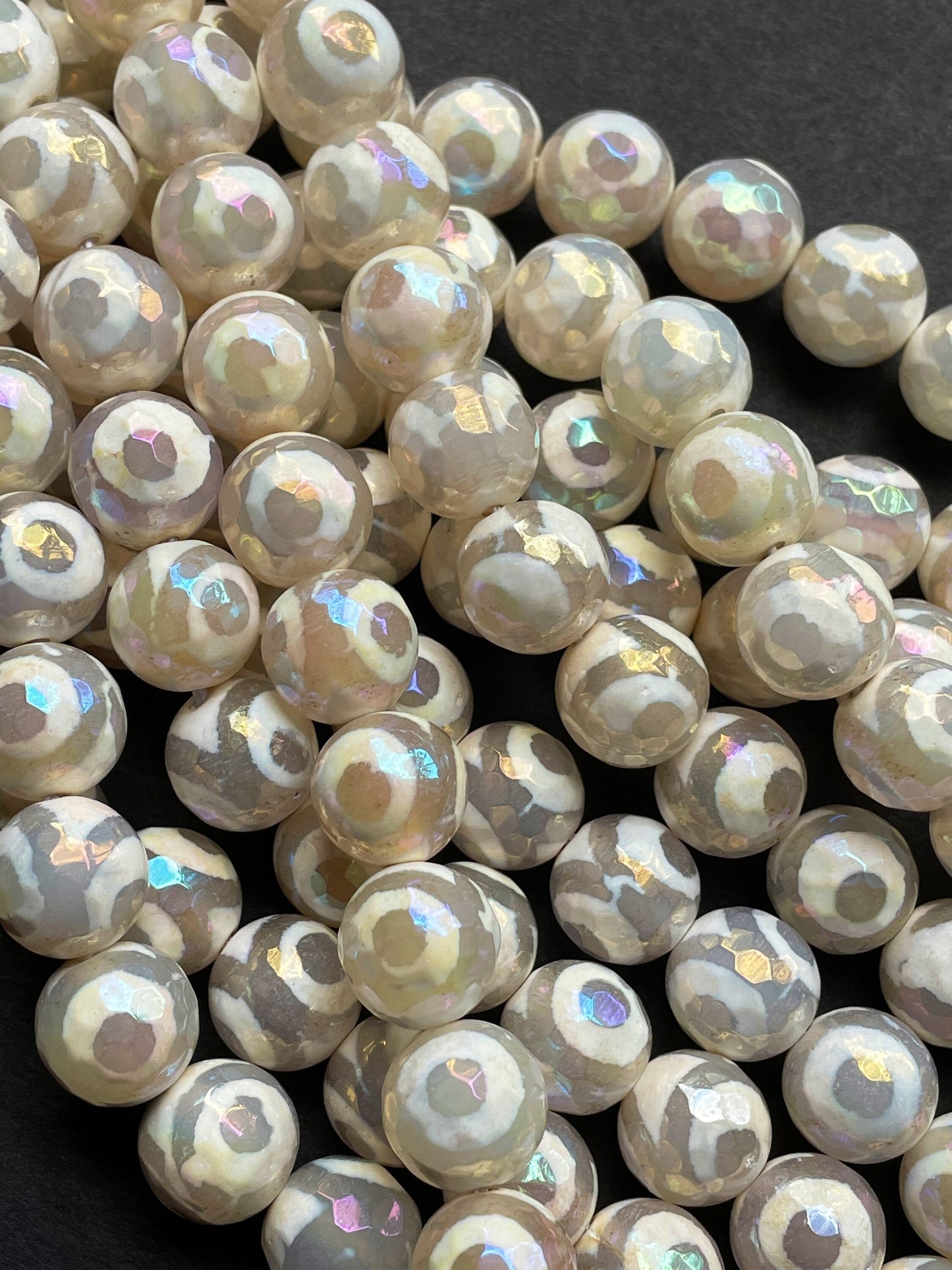 Mystic Natural Hand Painted Tibetan Gemstone Bead Faceted 6mm 8mm 10mm 12mm Round Bead, Gorgeous White Color Mystic Tibetan Gemstone Bead