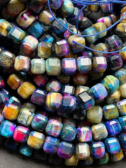AAA Natural galaxy tiger eye stone bead. Faceted 9mm cube shape bead. Beautiful multi rainbow color tiger eye bead. , real nice quality bead