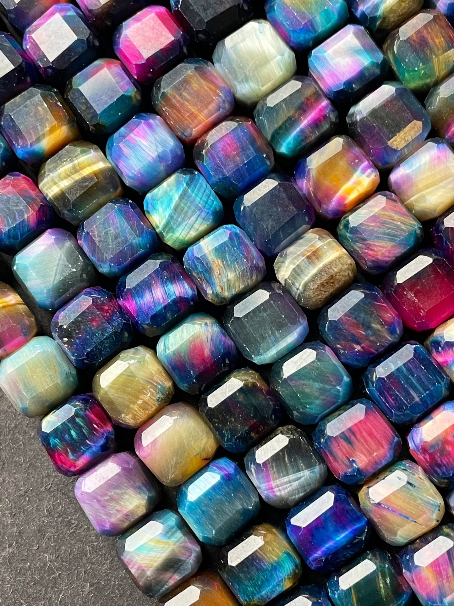 AAA Natural galaxy tiger eye stone bead. Faceted 9mm cube shape bead. Beautiful multi rainbow color tiger eye bead. , real nice quality bead
