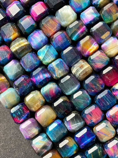 AAA Natural galaxy tiger eye stone bead. Faceted 9mm cube shape bead. Beautiful multi rainbow color tiger eye bead. , real nice quality bead