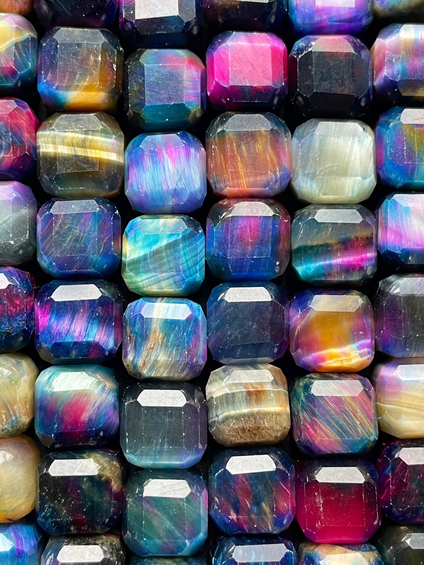 AAA Natural galaxy tiger eye stone bead. Faceted 9mm cube shape bead. Beautiful multi rainbow color tiger eye bead. , real nice quality bead