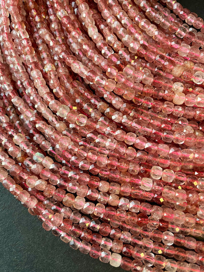 AAA Natural Red Strawberry Quartz Gemstone Bead Faceted 4mm Cube Shape Bead, Beautiful Natural Red Pink Color Strawberry Quartz, Full Strand 15.5"