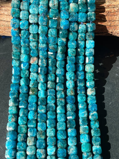 AAA Natural apatite stone bead. 4mm 8mm faceted cube shape bead. Gorgeous natural blue color apatite gemstone. Full strand 15.5”