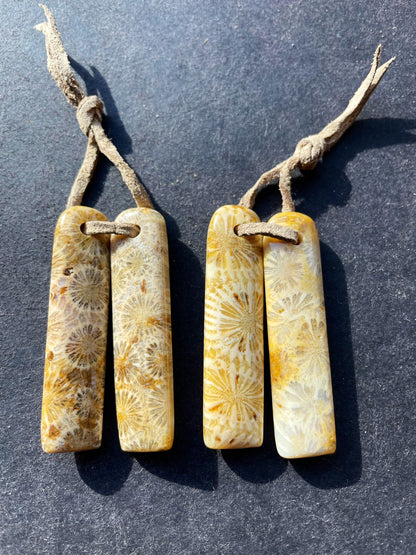 AAA Natural Fossil Coral Stone Earrings 12x50mm Rectangle Shape, Beautiful Natural Beige Color Earrings